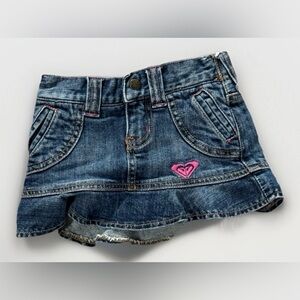 Roxy Y2K Denim Mini Skirt Pleated Hem Pink Embroidered Logo Jean Skirt Size 4